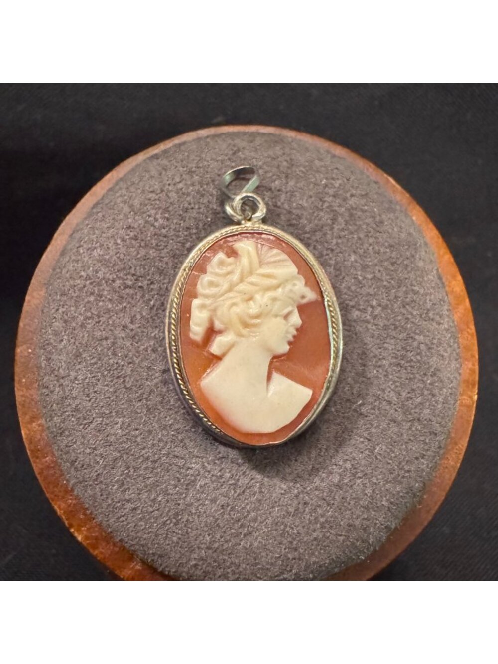 Sterling Silver 925 Carved Shell Lady Profile Cameo Pendant Size 1" Length